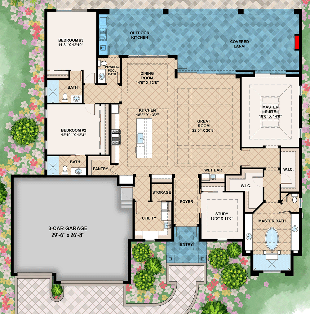 Plan 660007JMD: 3100 Square Foot Transitional Mediterranean House Plan with 3-Beds - Floor Plan - Main Level - Coastal, Florida-Style, Mediterranean, Southern, Transitional
