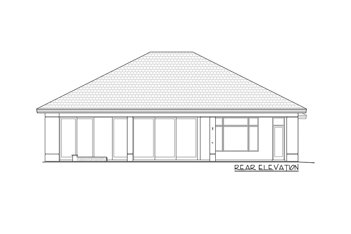 Rear elevation drawing of a house plan featuring a large hip roof, full-height windows, and a single door.