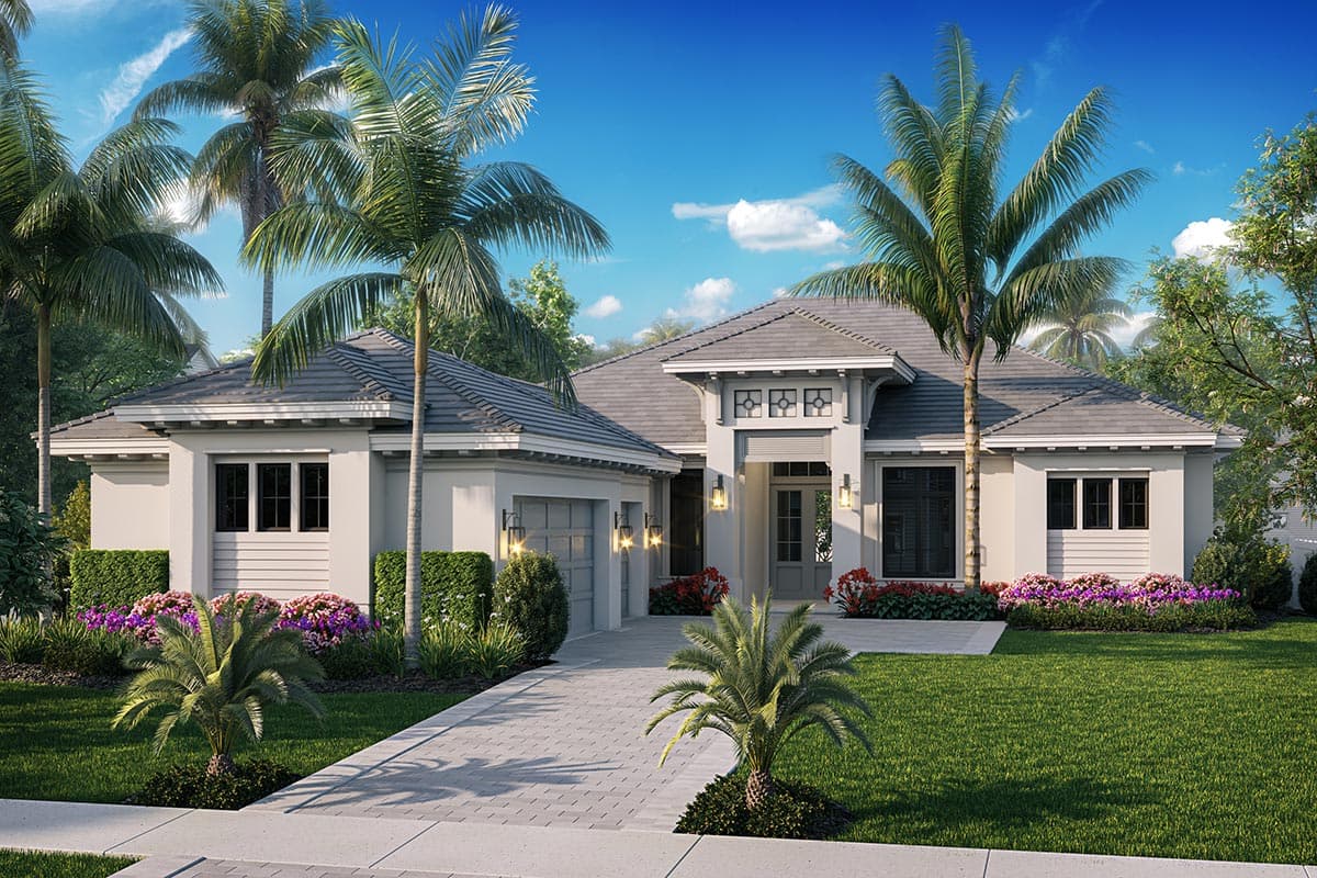 House plan exterior with a single story, low-pitched roof, and a front entry portico. Features include a garage, decorative trim, and an open layout.