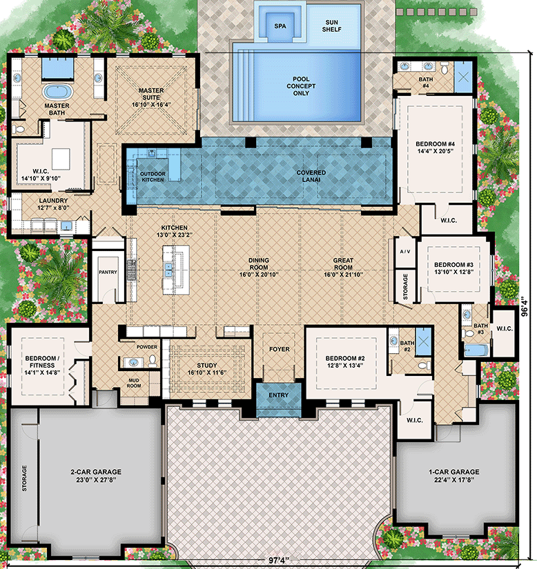 Plan 660009JMD: Symmetrical Florida-style House Plan with 5-Bedrooms - Floor Plan - Main Level - Coastal, Florida-Style, Mediterranean, Ranch, Southern, Transitional