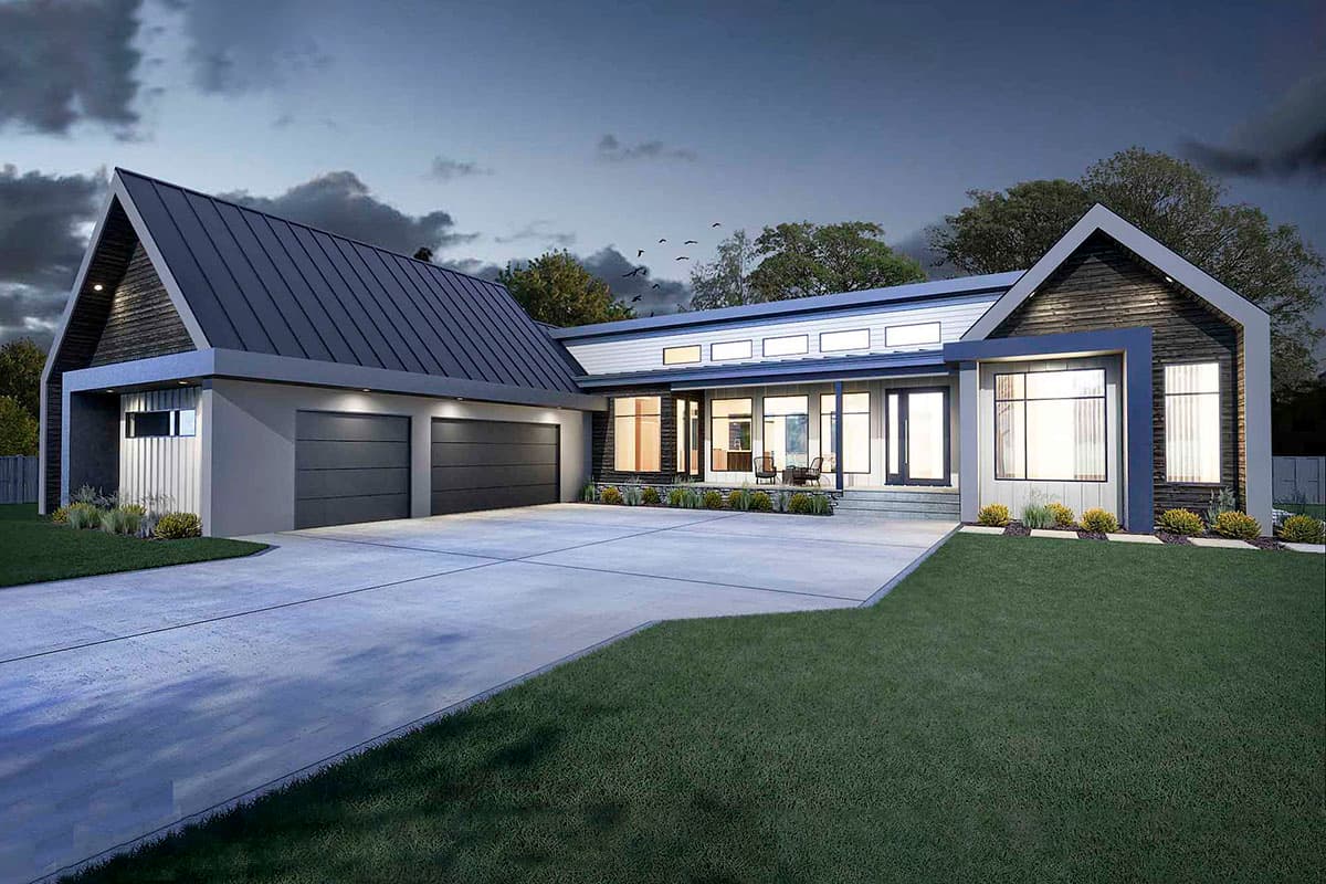 Modern house plan exterior with a gabled roof, a three-car garage, and large windows. Features horizontal siding and metal roof.