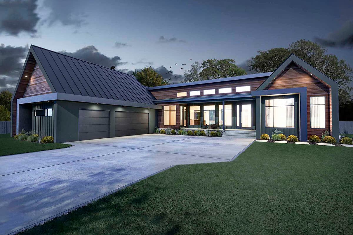 House plan exterior with modern style, featuring a two-car garage, multiple gabled rooflines, and floor-to-ceiling windows.
