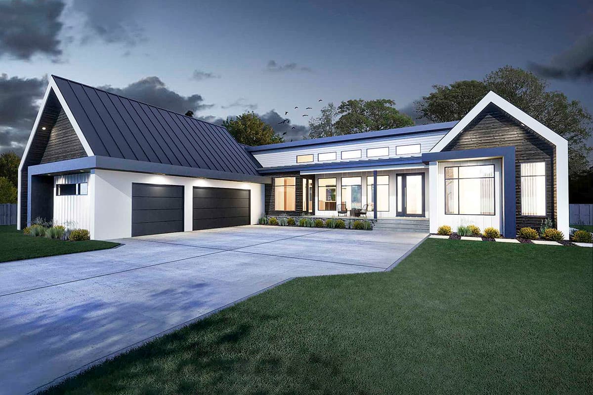Modern house plan exterior with a three-car garage, metal gable roof, and large windows.
