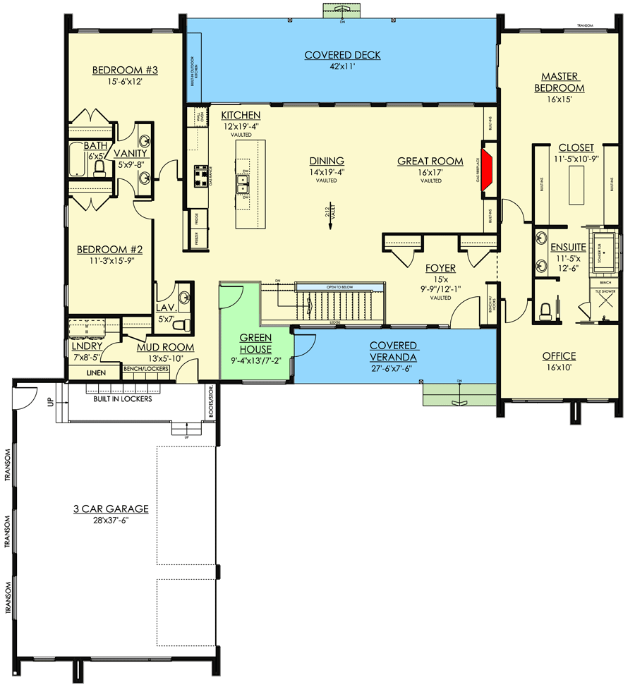 Plan 81729AB: Split-bed Modern Farmhouse Plan with 11'-Deep Rear Deck - 3040 Sq Ft - Floor Plan - Main Level - Contemporary, Mid Century Modern, Modern, Northwest
