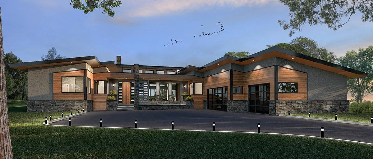 Modern house plan exterior with stone and wood siding, flat rooflines, multiple gables, and a three-car garage.