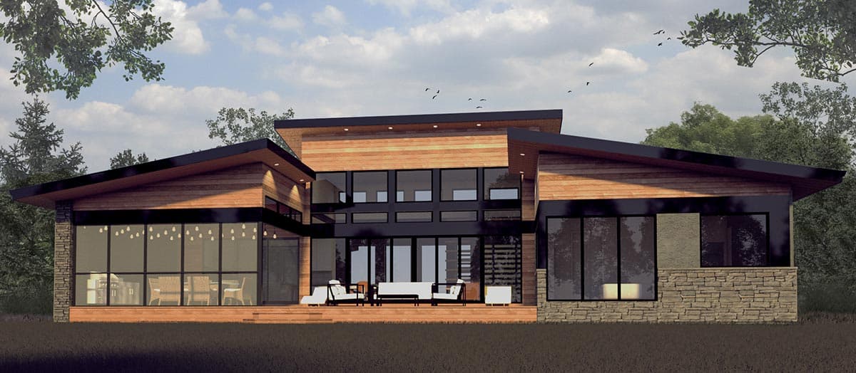 Modern house plan exterior with wood siding, stone accents, and expansive windows under a flat roofline.