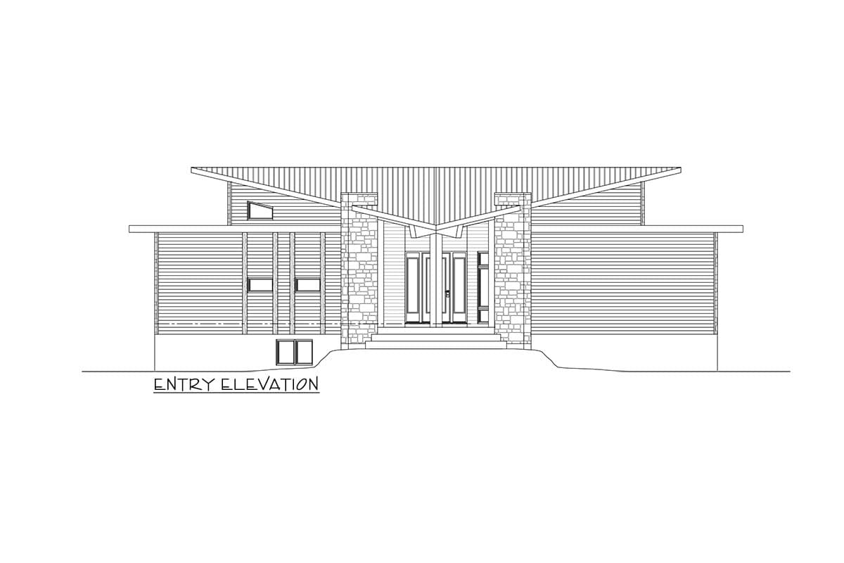 Entry elevation drawing of a modern house plan with stone pillars, horizontal siding, and a split gable roof.