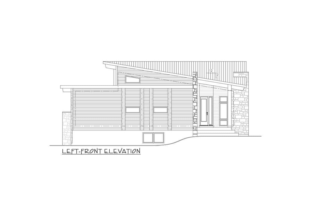 Left-front elevation of a modern house plan showing a sloped roof, horizontal siding, stone accents, and multiple windows.
