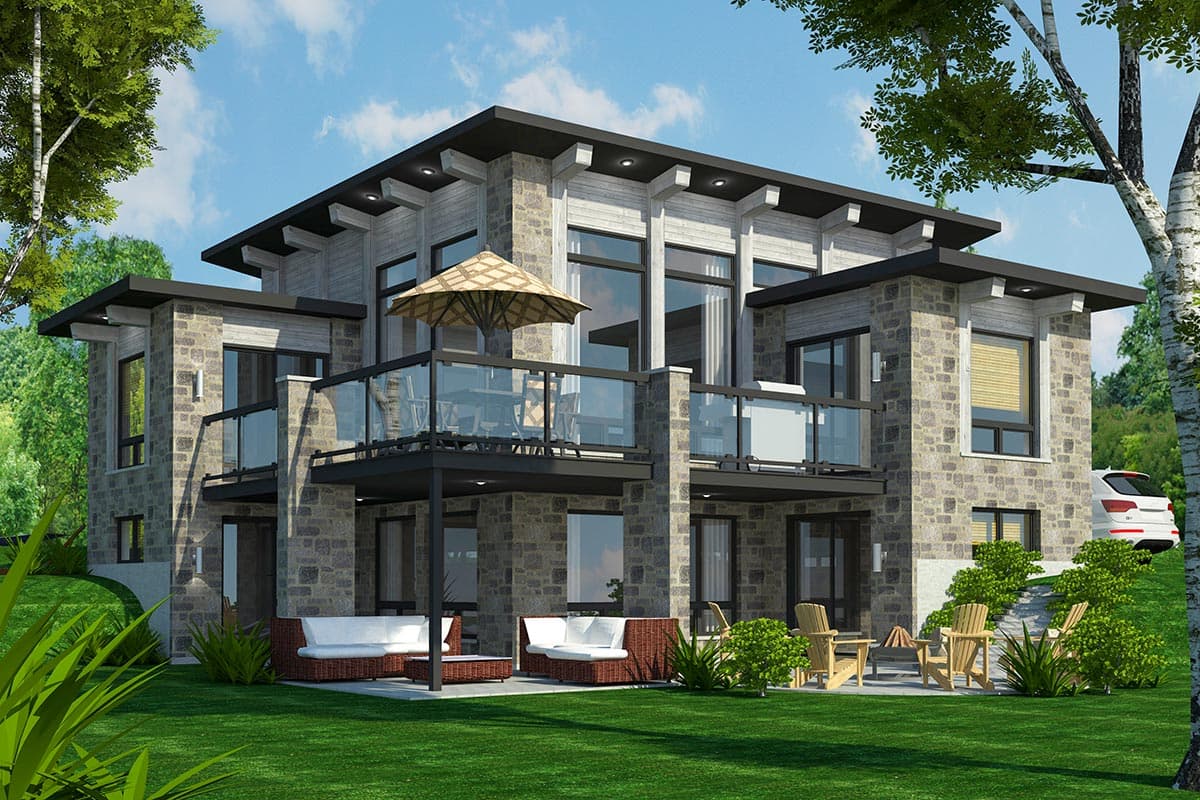 House plan exterior. Two-story, contemporary style home with stone veneer siding, flat roof, multiple balconies, and large windows.
