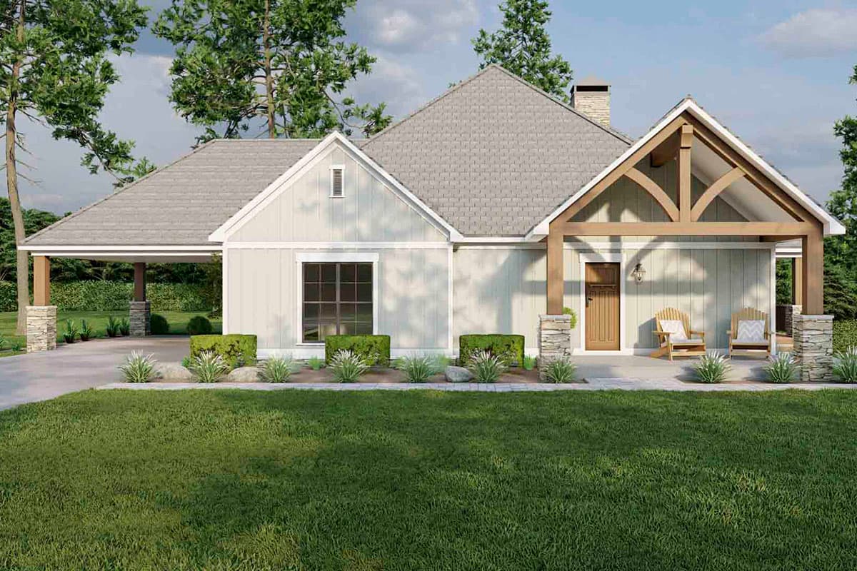 House plan exterior. One-story Modern Farmhouse with a carport, exposed rafter tails, and a front-facing gable over the porch.