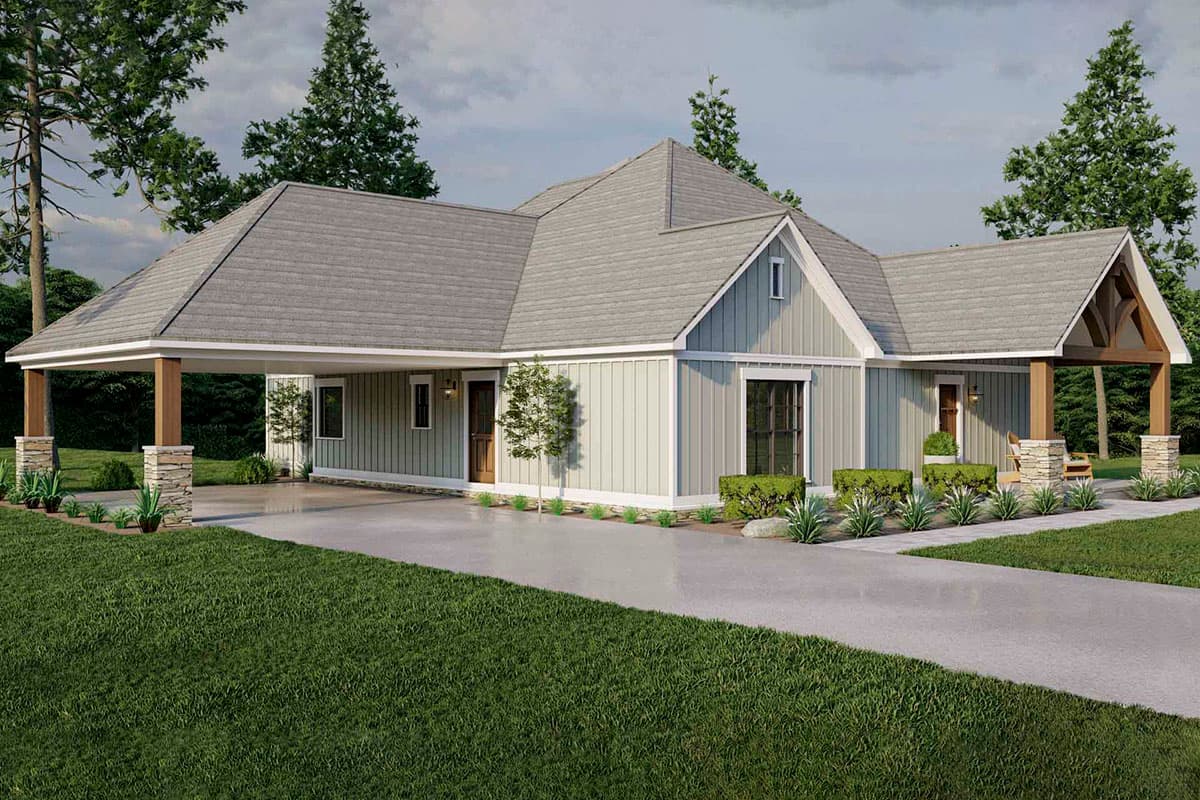 House plan exterior: Single-story Modern Farmhouse with carport, gables, board-and-batten siding, and stone column accents.
