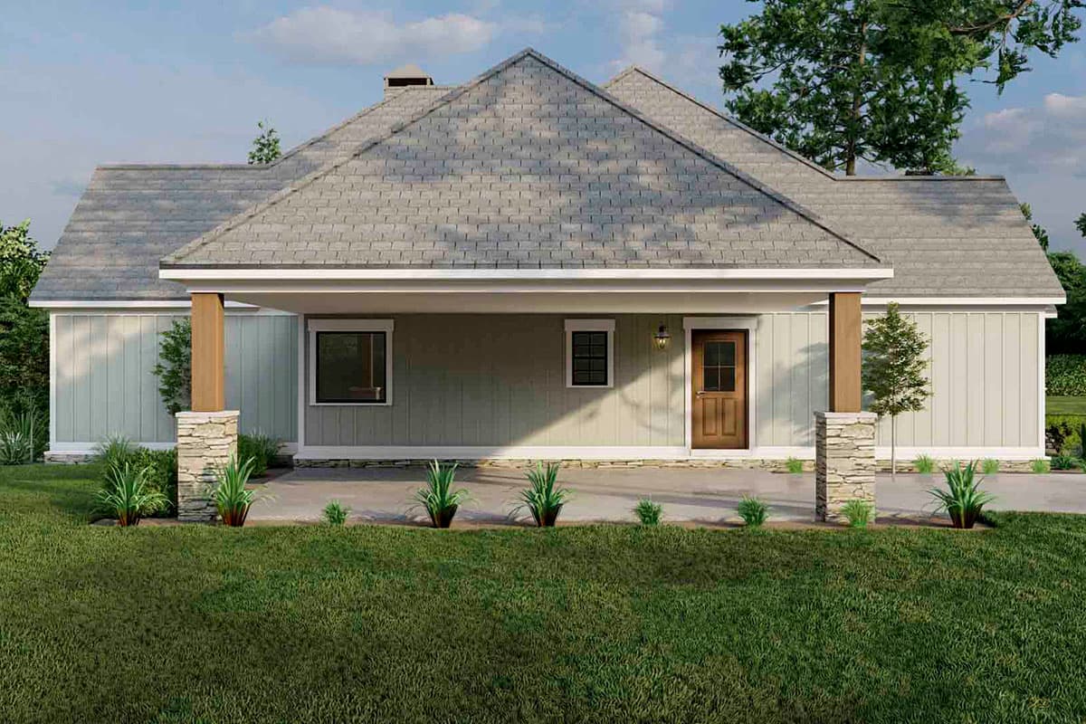 House plan exterior featuring a wide covered porch with stone and wood pillars, a prominent gable roof, and siding.