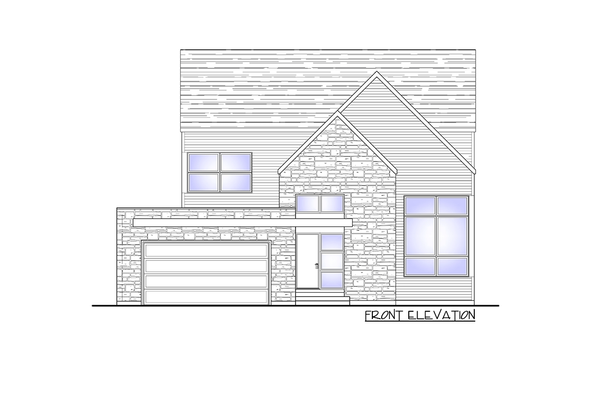 Front elevation house plan shows a two-story home with a stone-clad gable, horizontal siding, and an attached garage.