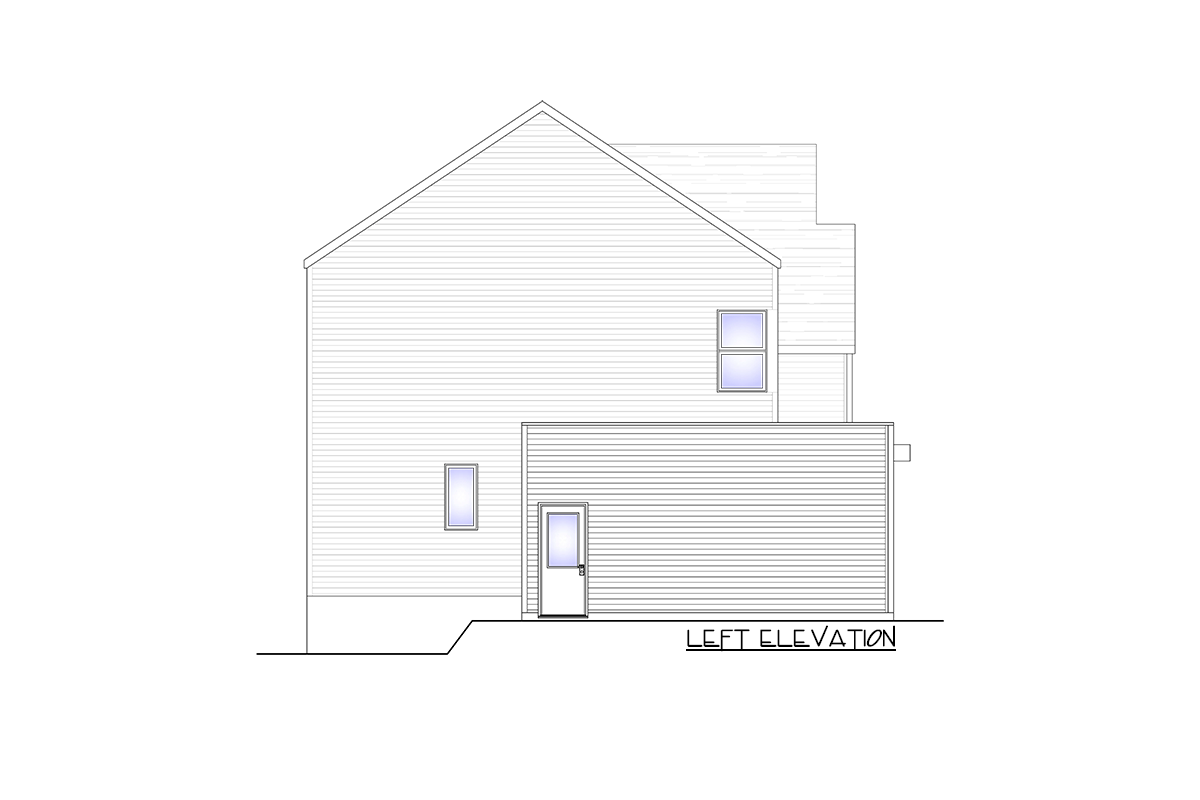 Left elevation drawing of house plan with gable roof, one door, and two windows.