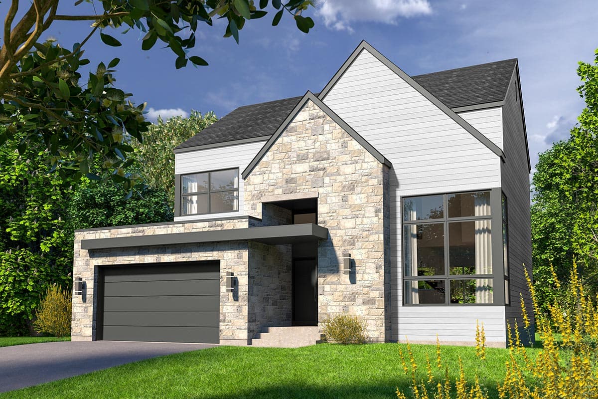 House plan exterior. Two-story Modern house with a stone and siding facade, a flat roof over the garage, and a gable roof.