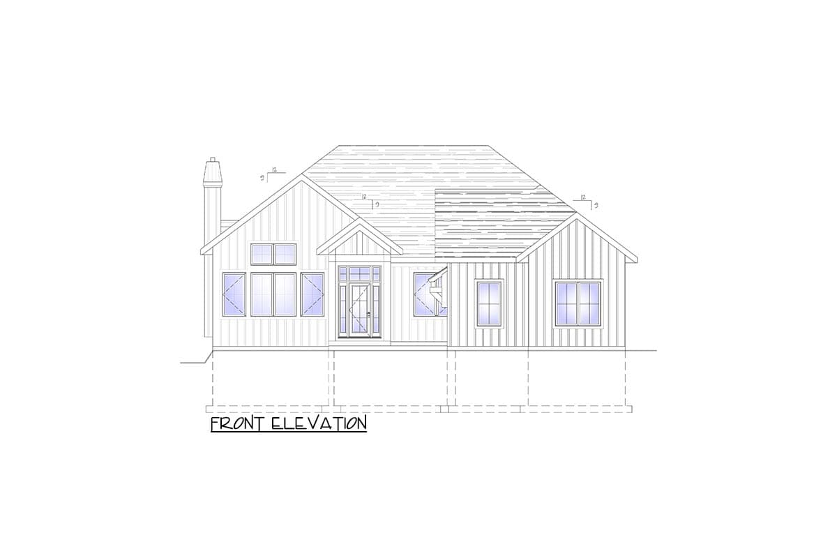 Front elevation drawing of a one-story house with a gabled roof, dormers, central entry, and a prominent chimney.