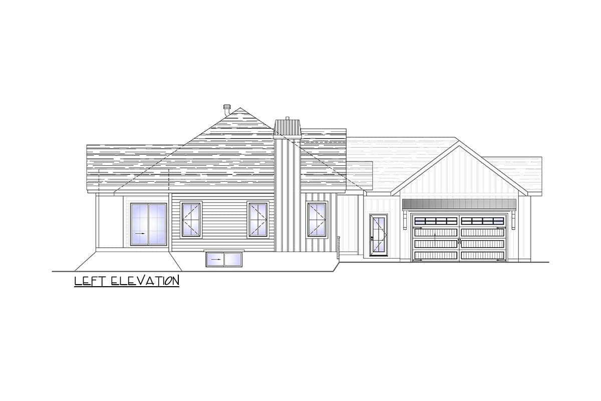Left elevation house plan drawing showing a one-story home with a gable roof, multiple windows, a chimney, and an attached two-car garage.