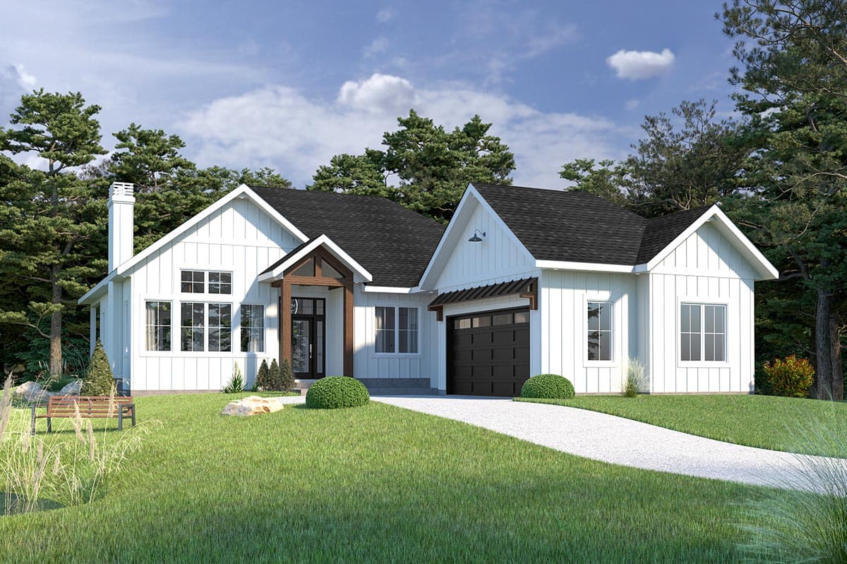 House plan exterior. Modern Farmhouse style, single story, with gables, a covered entry, and attached garage. Includes white siding, black roof.