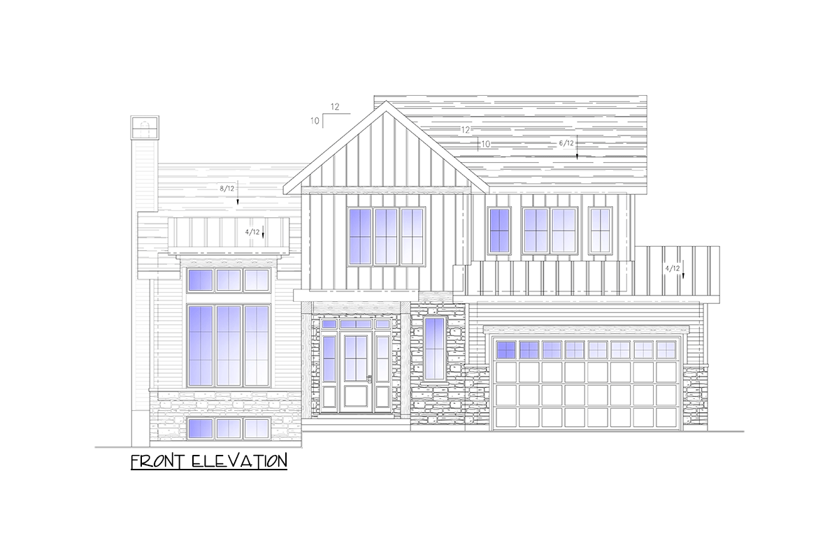 Front elevation drawing of a two-story house with gables, stone accents, multiple windows, and a two-car garage.