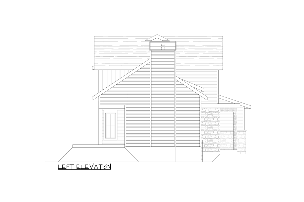 Left elevation drawing of a two-story house plan featuring horizontal siding, stone veneer, and a prominent gabled roofline with a chimney.