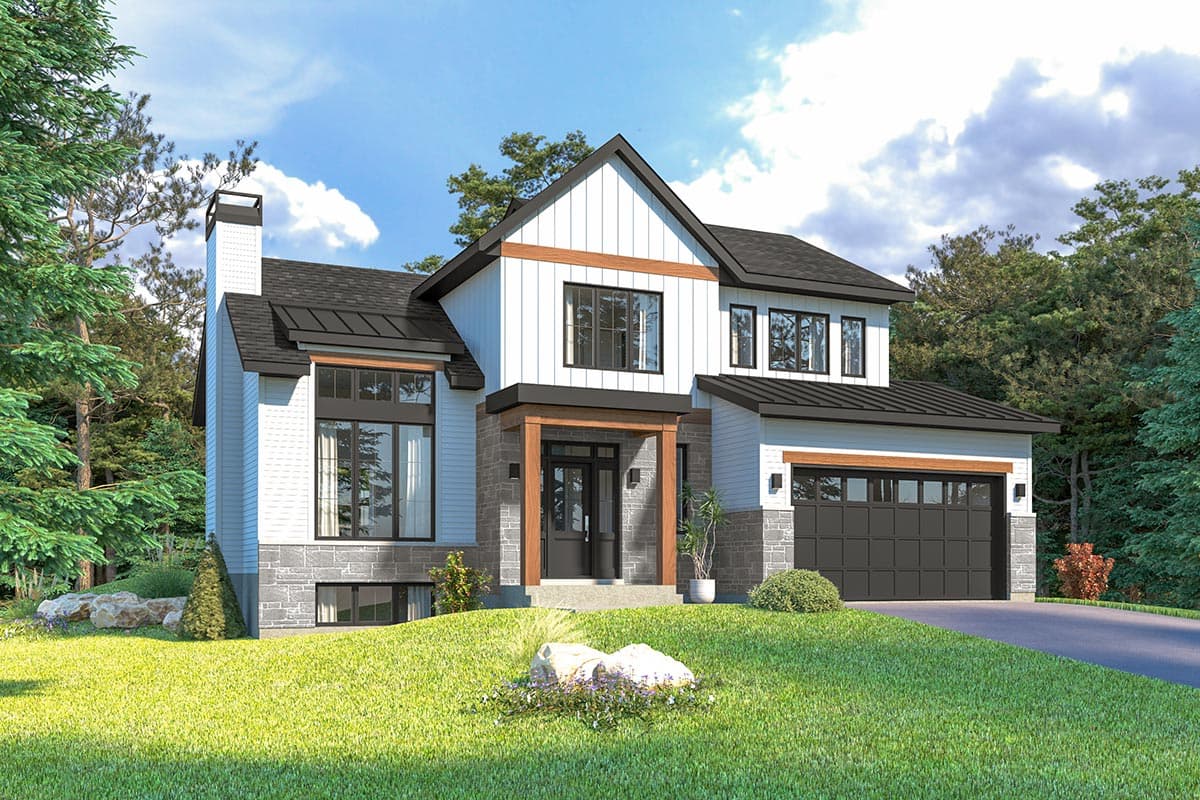 House plan exterior. Two-story Modern Farmhouse with gabled roof, stone accents, and attached garage. Includes large windows and dark trim.