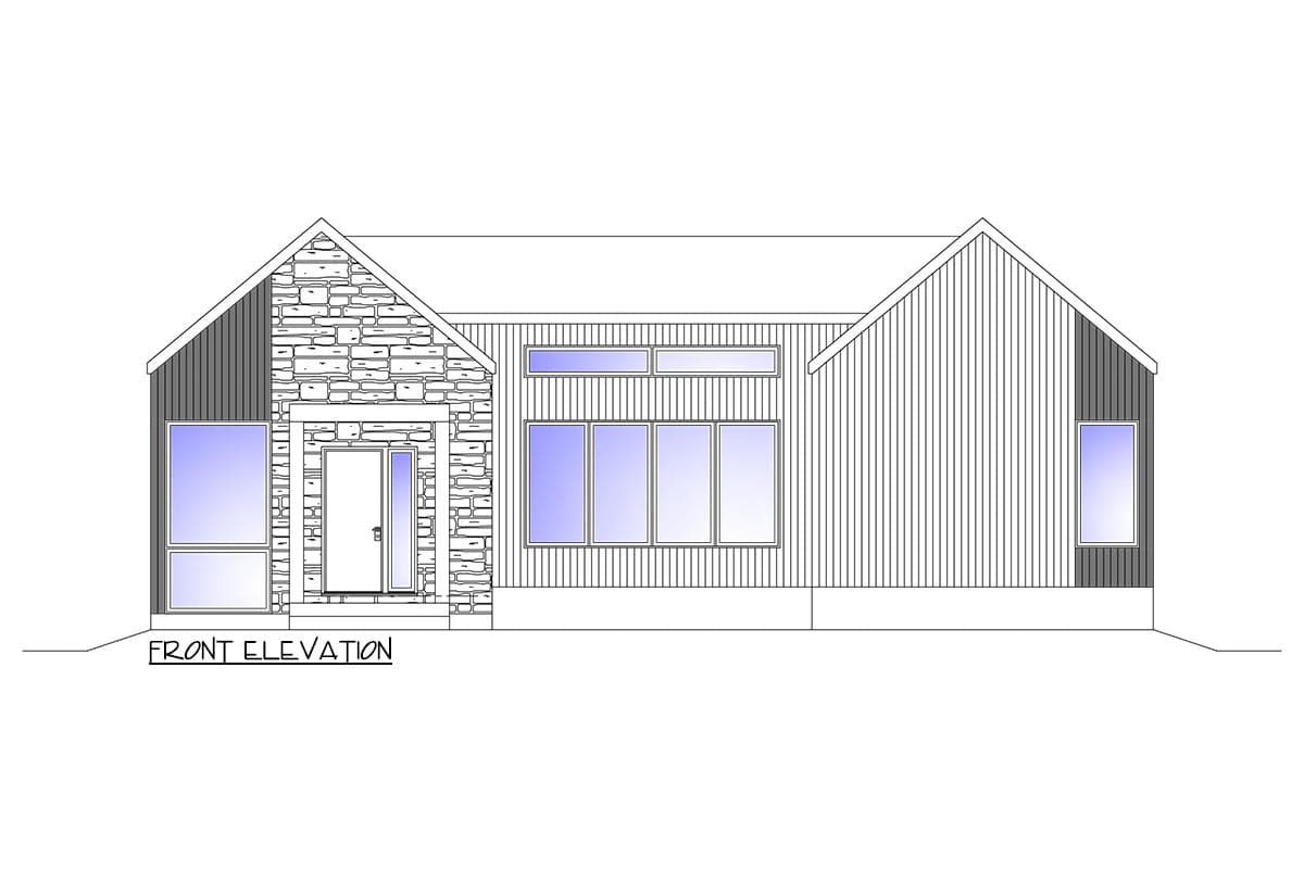 Front elevation drawing of a one-story house with stone and vertical siding, featuring a prominent gable over the entrance.