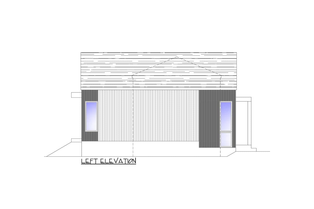 Left elevation house plan: Gable roof, two windows, and vertical siding. House plan exterior.