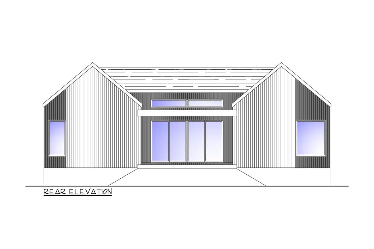 Rear elevation drawing of a house plan featuring a gable roof, vertical siding, and large sliding glass doors with clerestory windows.
