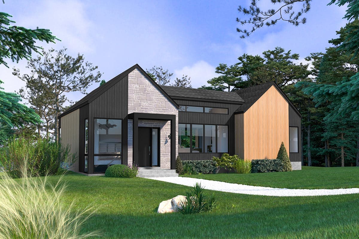House plan exterior. Modern style with stone and wood siding. Features include multiple gables, large windows, and an open porch entryway.