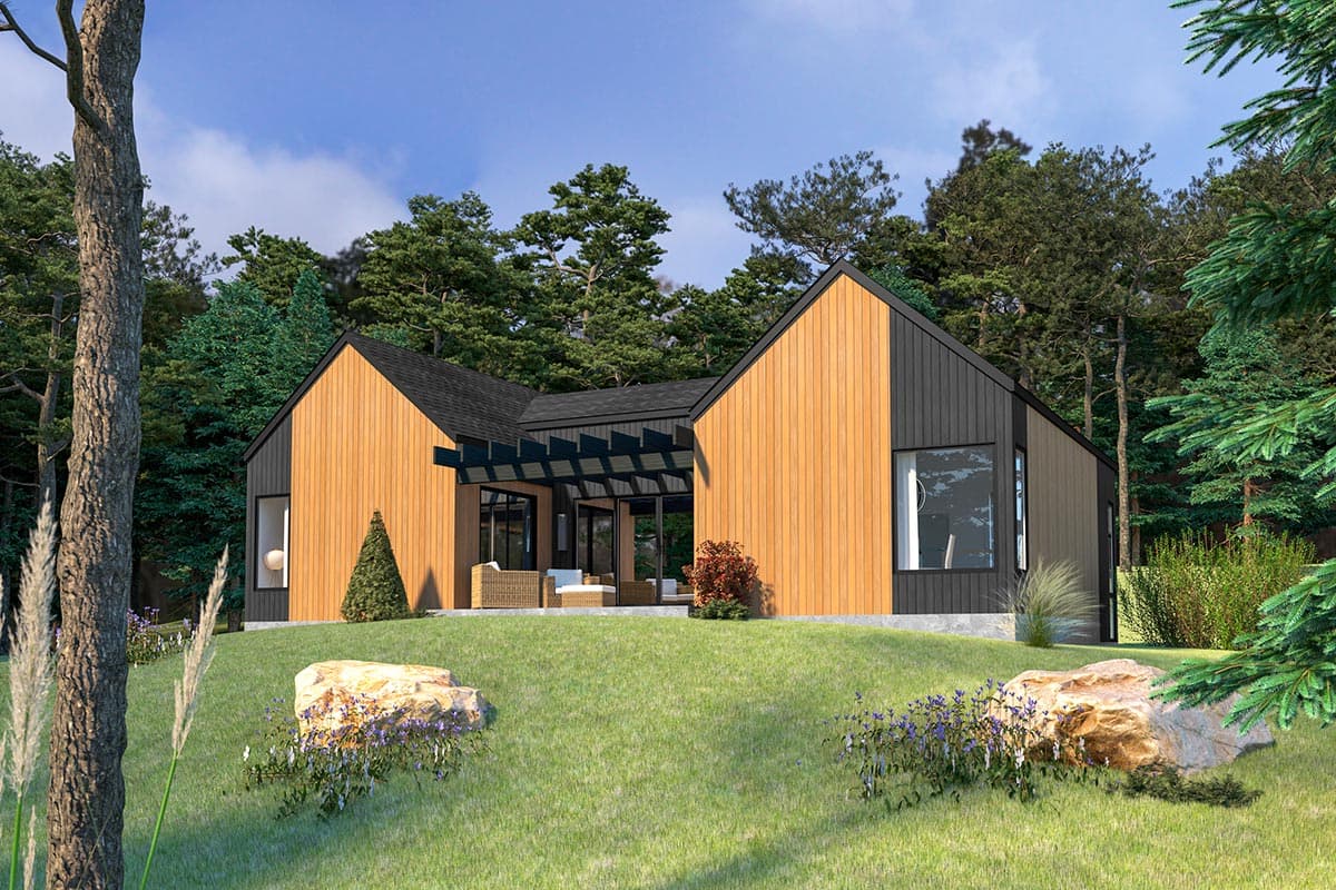 Modern house plan exterior with intersecting gables, wood and dark siding, and a covered patio with outdoor seating.
