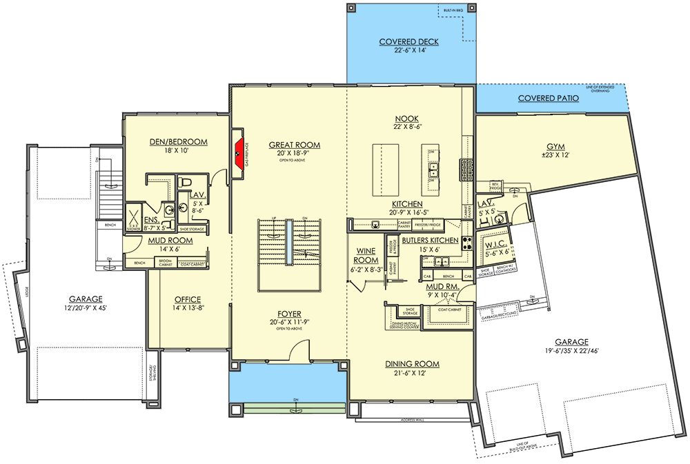 Plan 81734AB: 5500 Sq Ft Modern Home with Slightly Angled 3-Car Garage - Floor Plan - Main Level - Contemporary, Mid Century Modern, Modern, Northwest