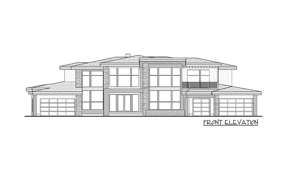 Front elevation of a two-story modern house plan with stone accents, multiple garage doors, and large windows.