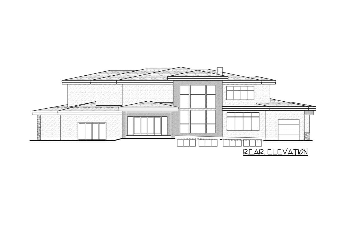 Rear elevation drawing of a two-story house with a multi-pane window wall, garage, and patio doors.