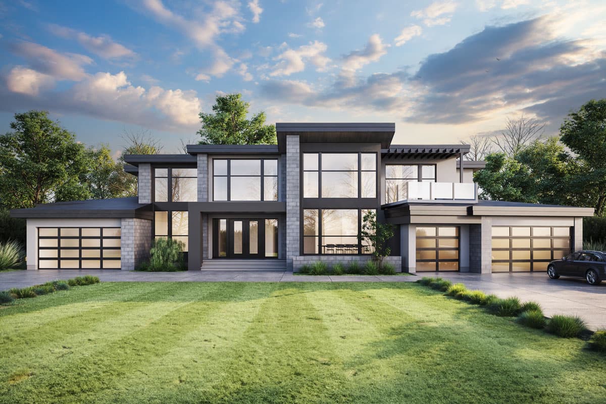 Modern house plan exterior with two stories, flat roof, and large windows. Includes two attached garages and a balcony with glass railing.