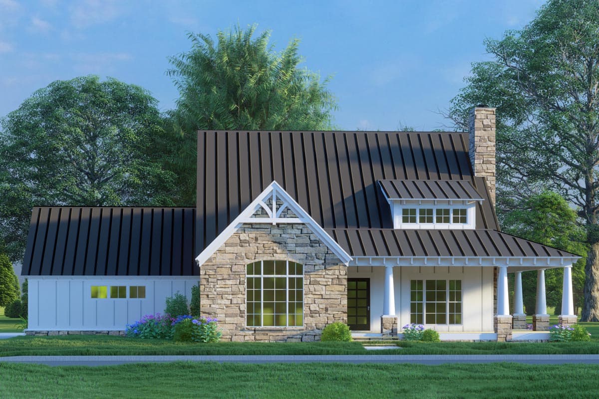 House plan exterior. Modern farmhouse style with stone accents, a covered porch, dormers, and a gabled roof.