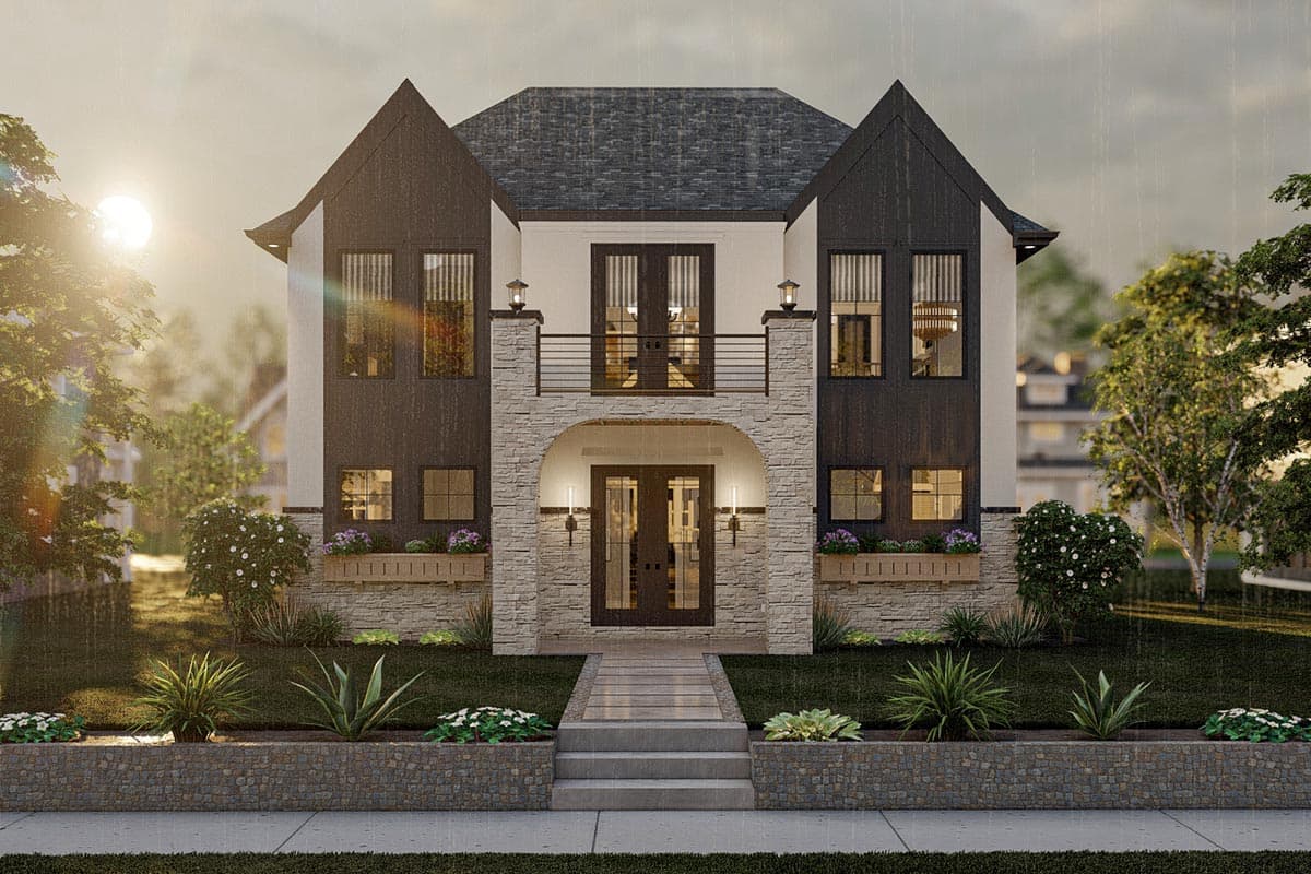 Two-story house plan exterior with dark gables, stone base, arched entryway, and second-story balcony.