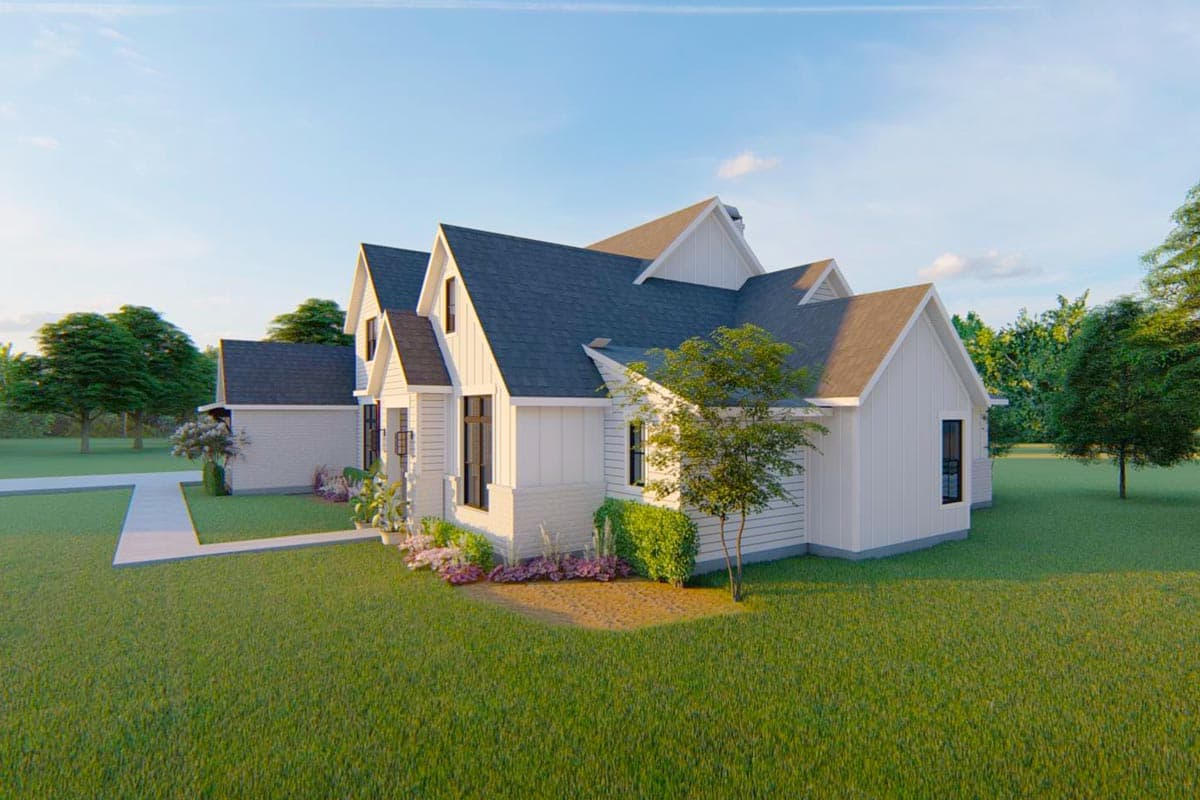 Modern Farmhouse house plan exterior with gables, dormers, and attached garage.