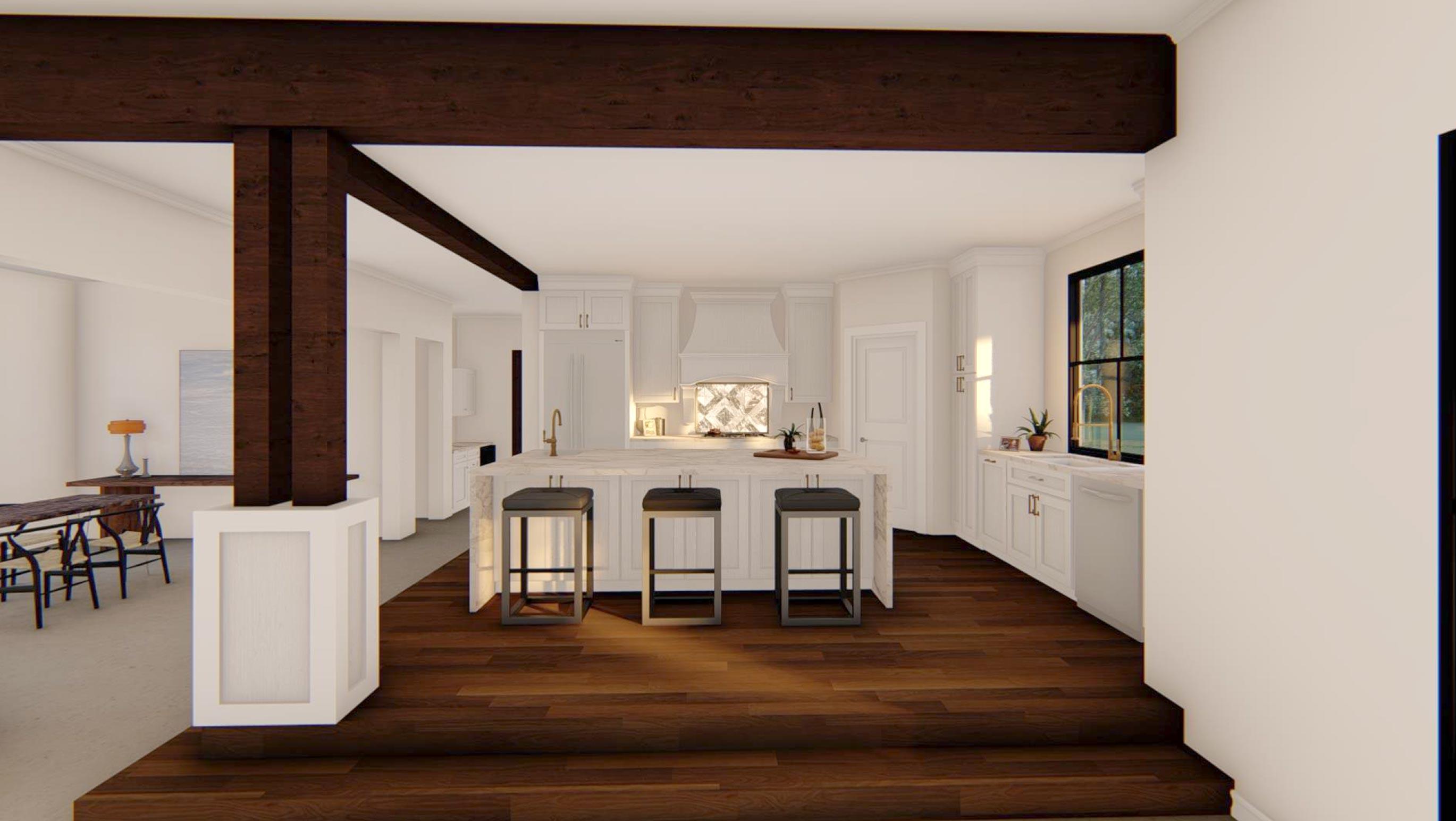 Interior rendering of an open-concept kitchen with a large island, white cabinets, and dark wood beams overhead.