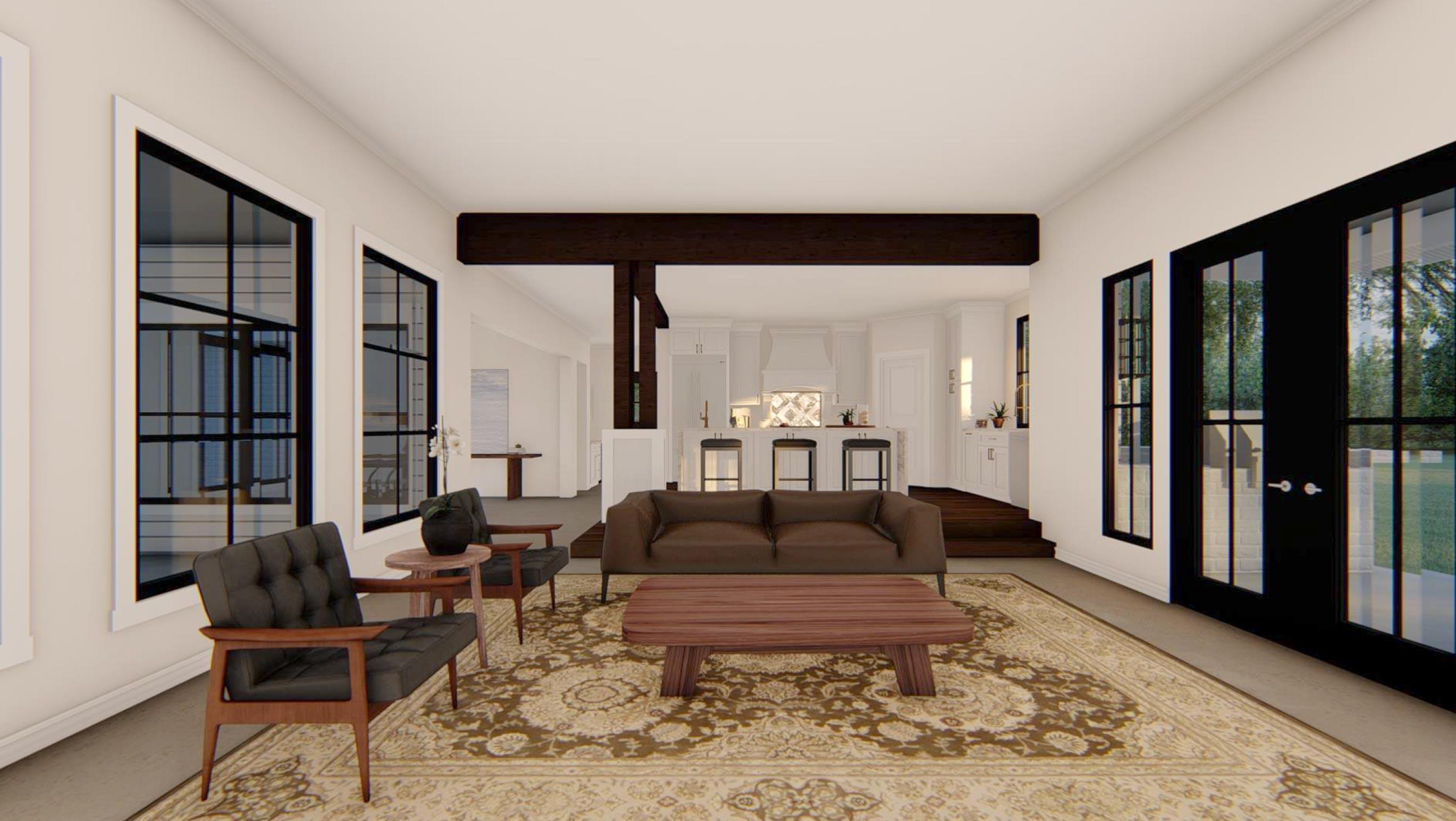 Interior rendering of a great room and kitchen with dark wood beams, a large island, and black-framed windows.