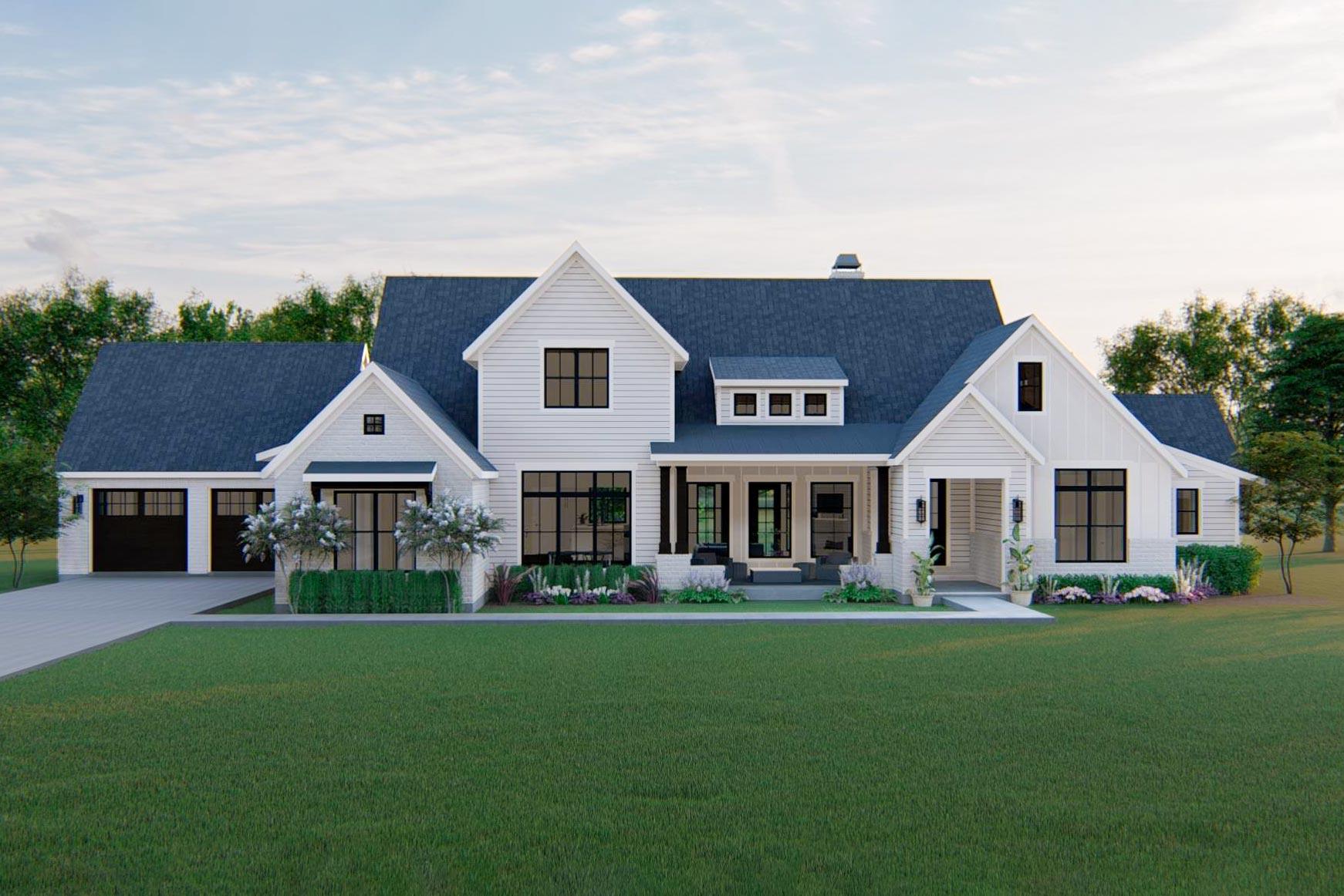 House plan exterior rendering. Modern Farmhouse style with a two-story design. Features include a front porch, multiple gables, and a detached garage.