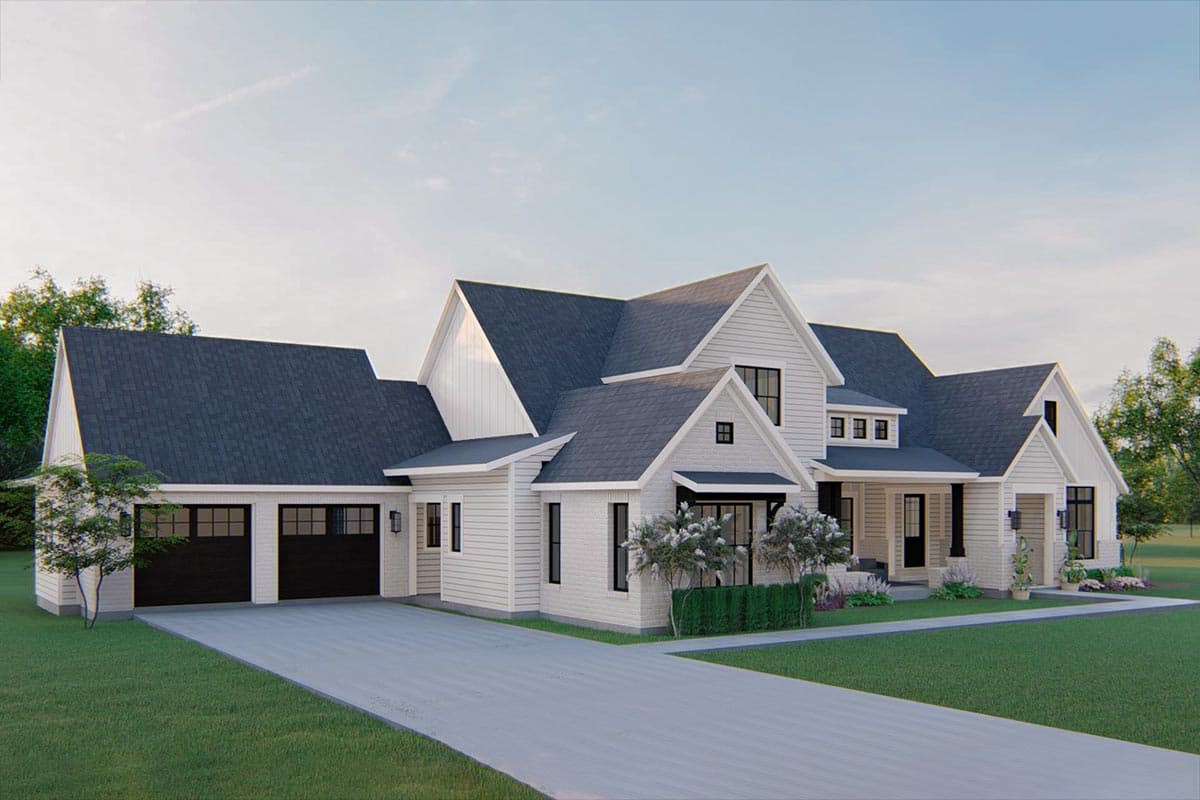 Modern Farmhouse house plan exterior with a three-car garage, multiple gables, and a covered front porch.