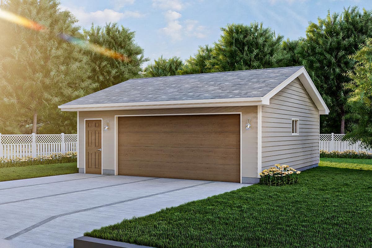 House plan exterior with gable roof, horizontal siding, and a two-car garage. Features include a side door and decorative light fixtures.