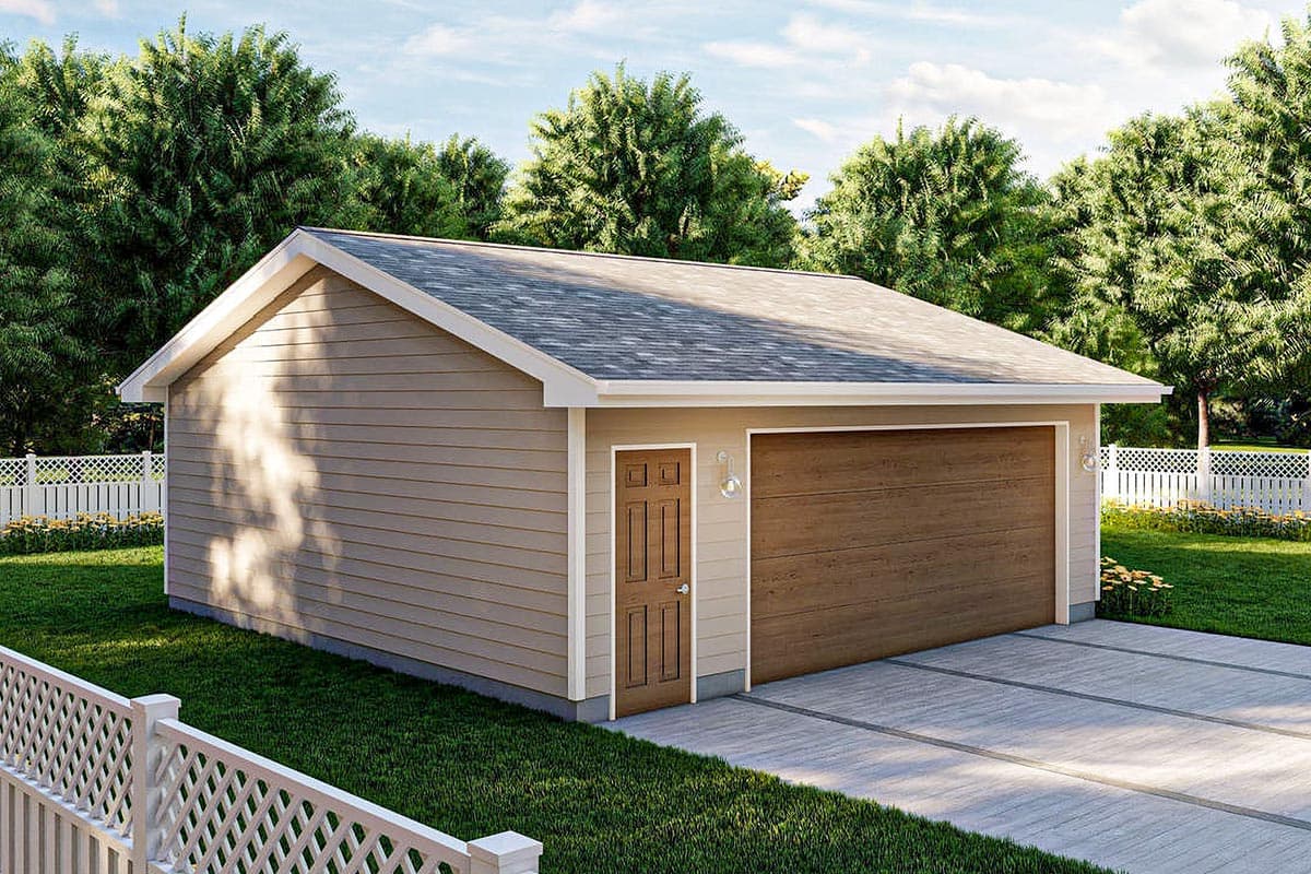 House plan exterior: Two-car garage with a single pedestrian door, gable roof, horizontal siding, and wooden garage door.