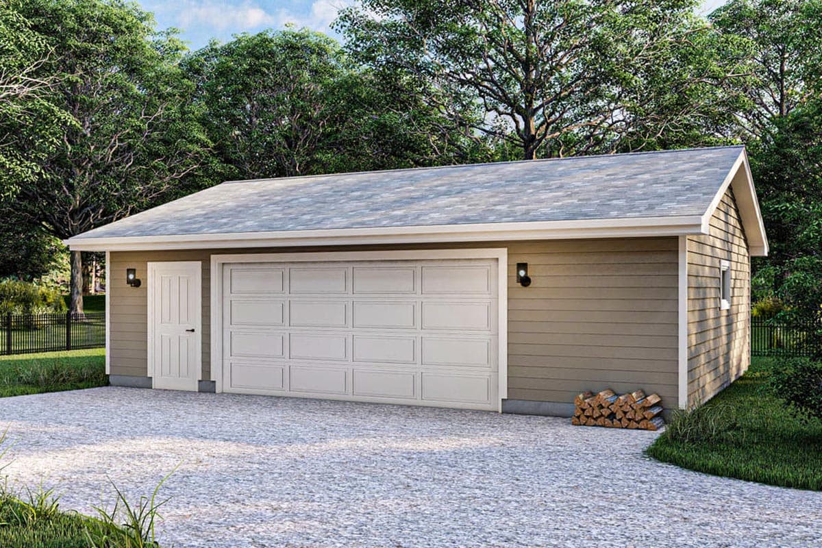 House plan exterior: Single-story detached garage with gable roof. Features include a paneled garage door, entry door, and small window on the side.