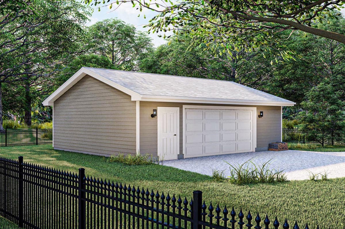 House plan exterior: Single-story building with a gable roof, vinyl siding, one garage door, and one entry door.