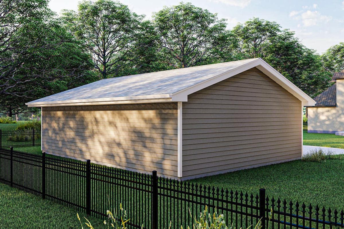 House plan exterior, gable roof, horizontal siding, and white trim on a one-story structure.