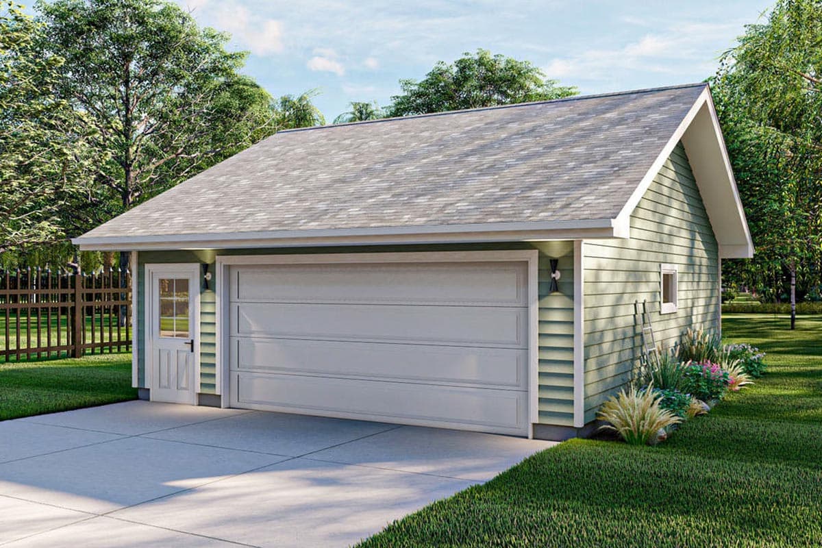 House plan exterior. One-story structure with gable roof. Features include garage door, side entry door, and vertical siding.