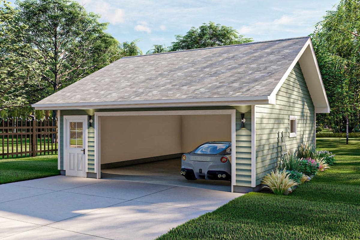 House plan exterior of a two-car garage with a gable roof, horizontal siding, single pedestrian door, and double garage door opening.