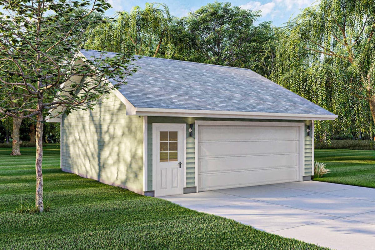 House plan exterior rendering of a one-story garage with a white overhead door, a glass-paneled entry door, and a gabled roof.
