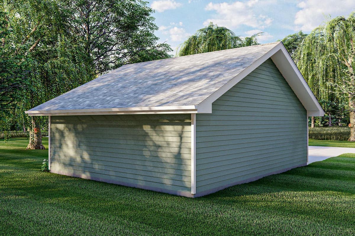 House plan exterior of a one-story garage with horizontal siding and a gable roof.